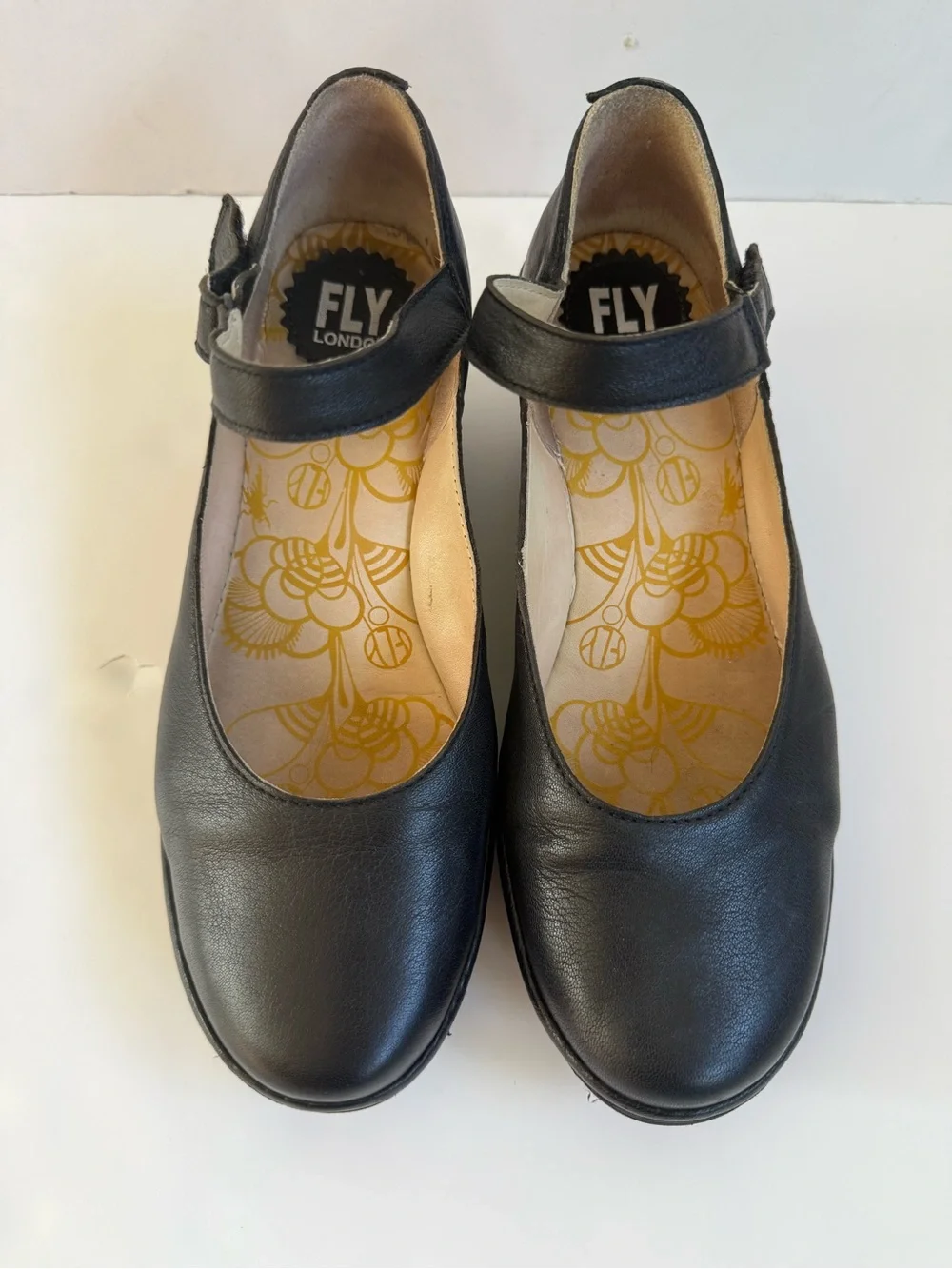 Fly London Black Leather Mary Jane Wedge Shoes Platform Pumps Comfort 7.5 / 38